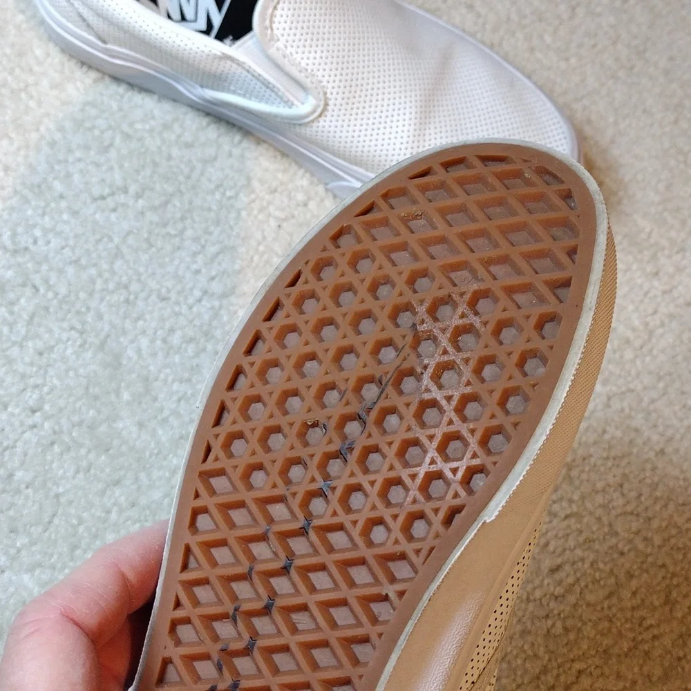 Vans men's white perforated leather slip on loafers. Size 5.5